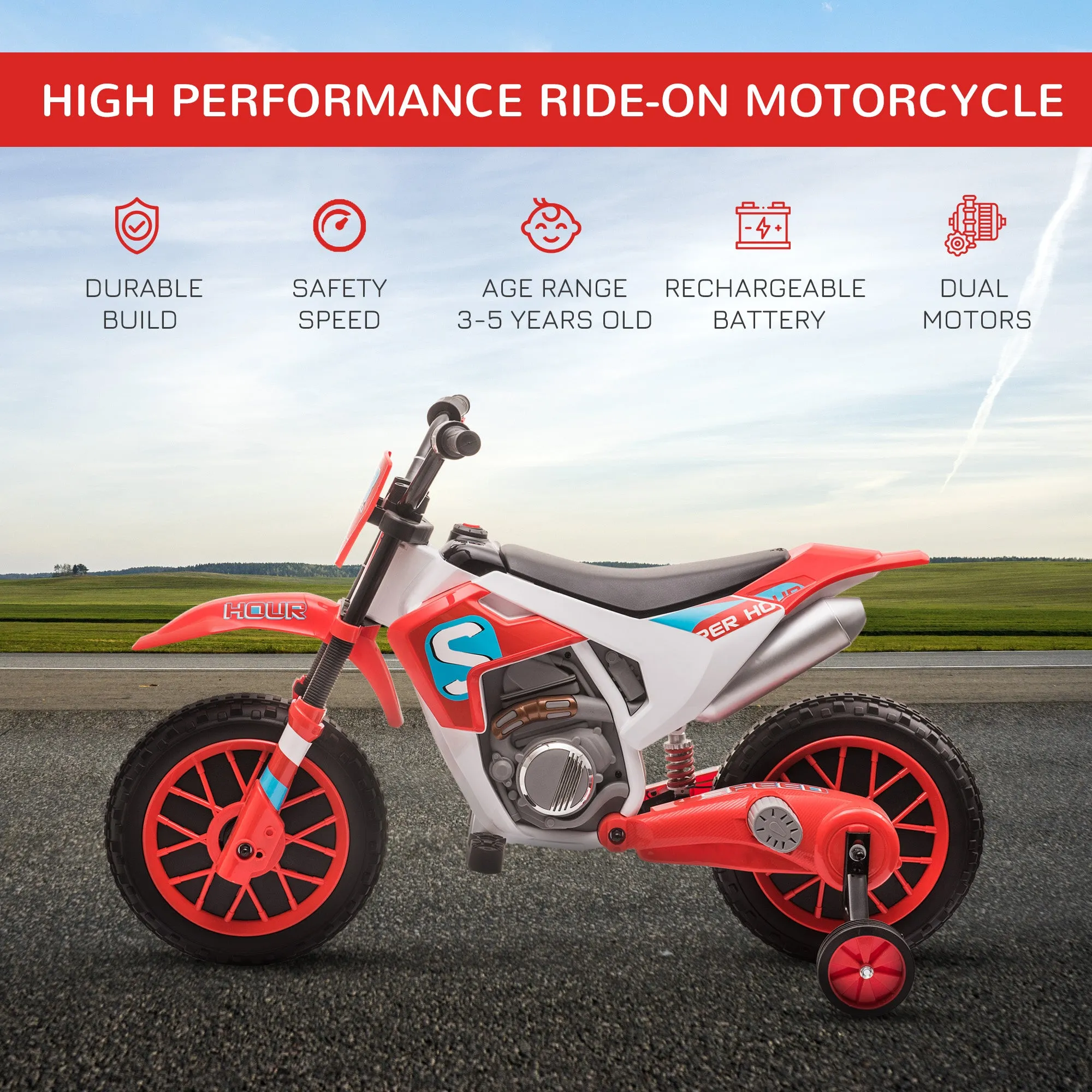 12V Kids Electric Motorcycle Ride-On, with Training Wheels, for Ages 3-6 Years - Red