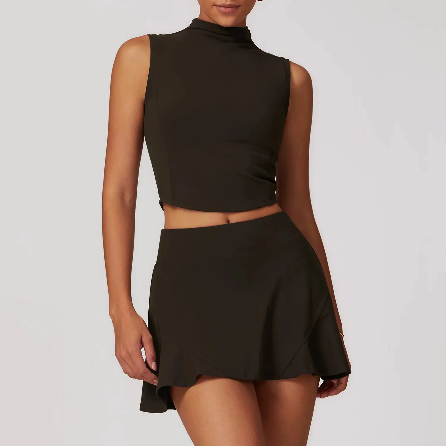 2PCS High Neck Sleeveless Crop Top & Tennis Skirt Set