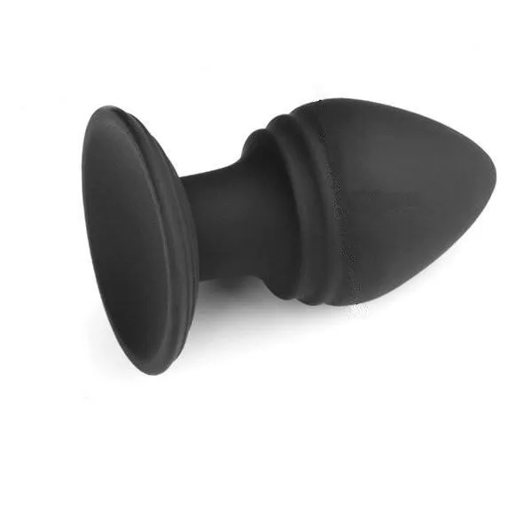 9767M      Ribbed Rocket Black Silicone Anal Plug with Suction Cup Base