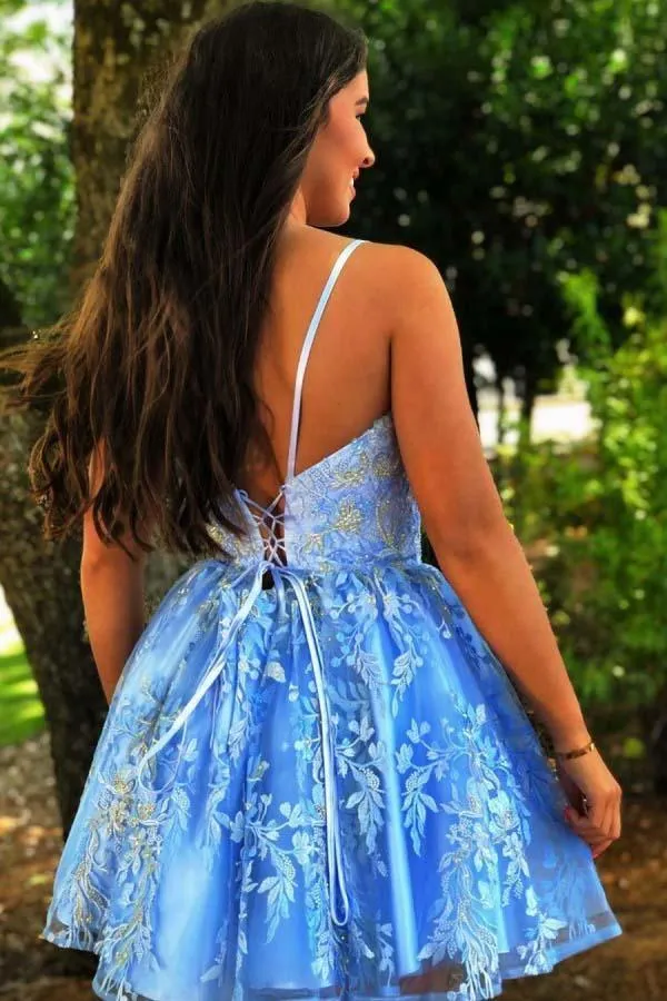 A Line Spaghetti Straps Blue Criss-Cross Homecoming Dress With Appliques  PD375