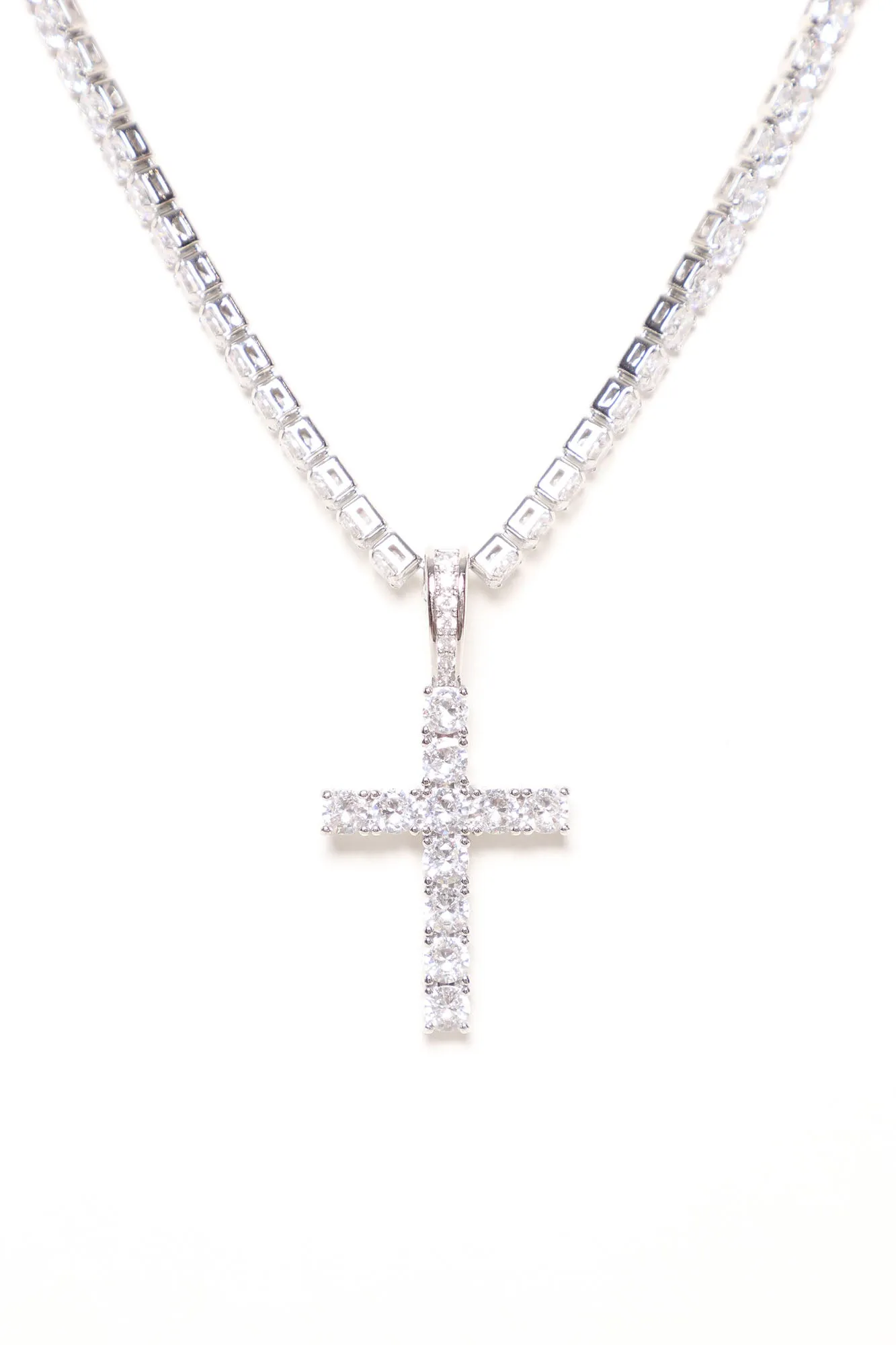 All Bling Cross Chain Necklace - Silver