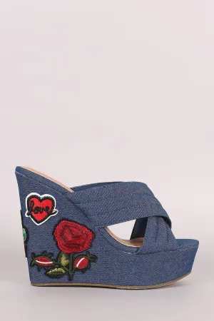 Bamboo Quilted Denim Cross Band Heart Patch Platform Wedge