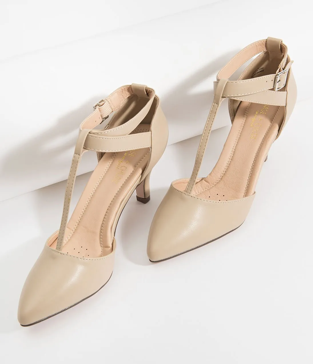 Beige Leatherette Pointed Toe Ellie T-Strap Heels