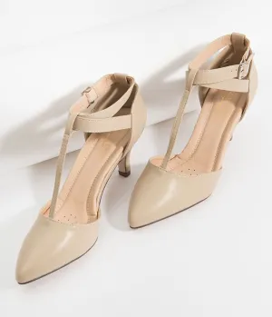 Beige Leatherette Pointed Toe Ellie T-Strap Heels