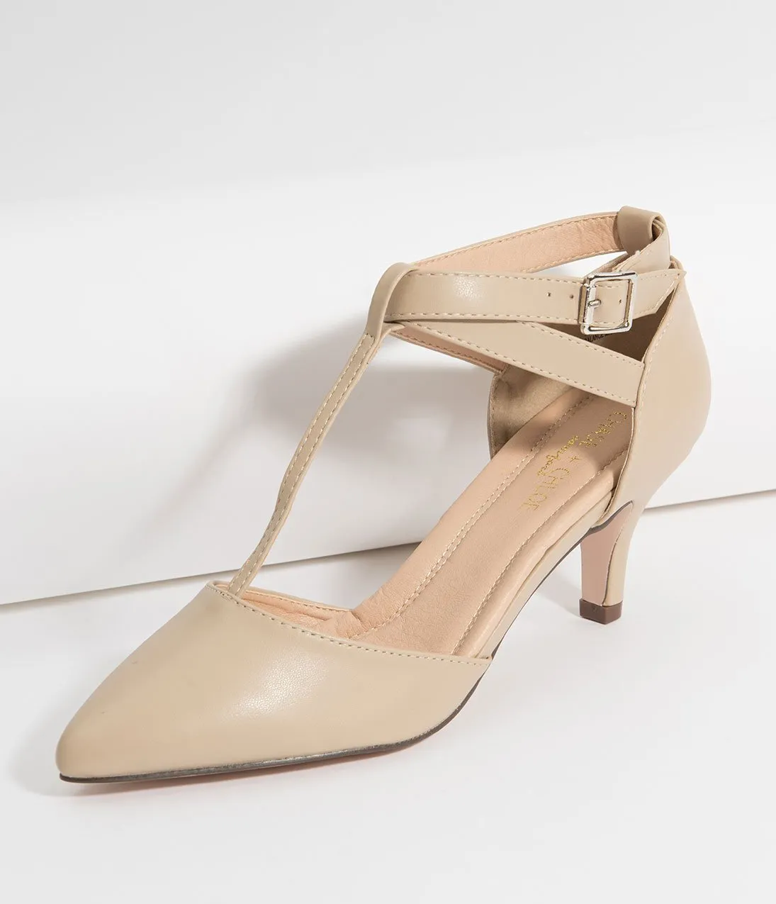 Beige Leatherette Pointed Toe Ellie T-Strap Heels