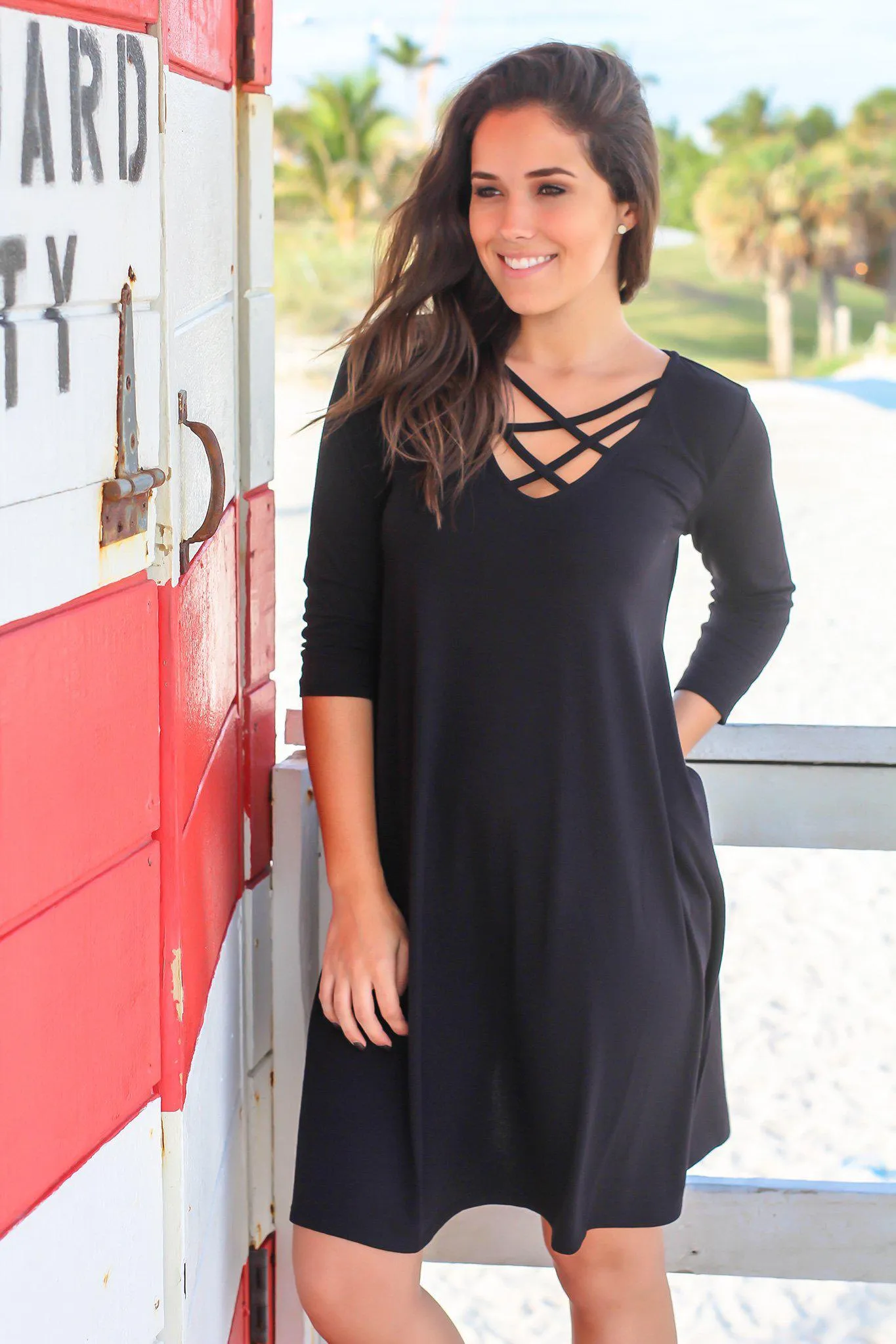 Black Criss Cross Short Dress with 3/4 Sleeves