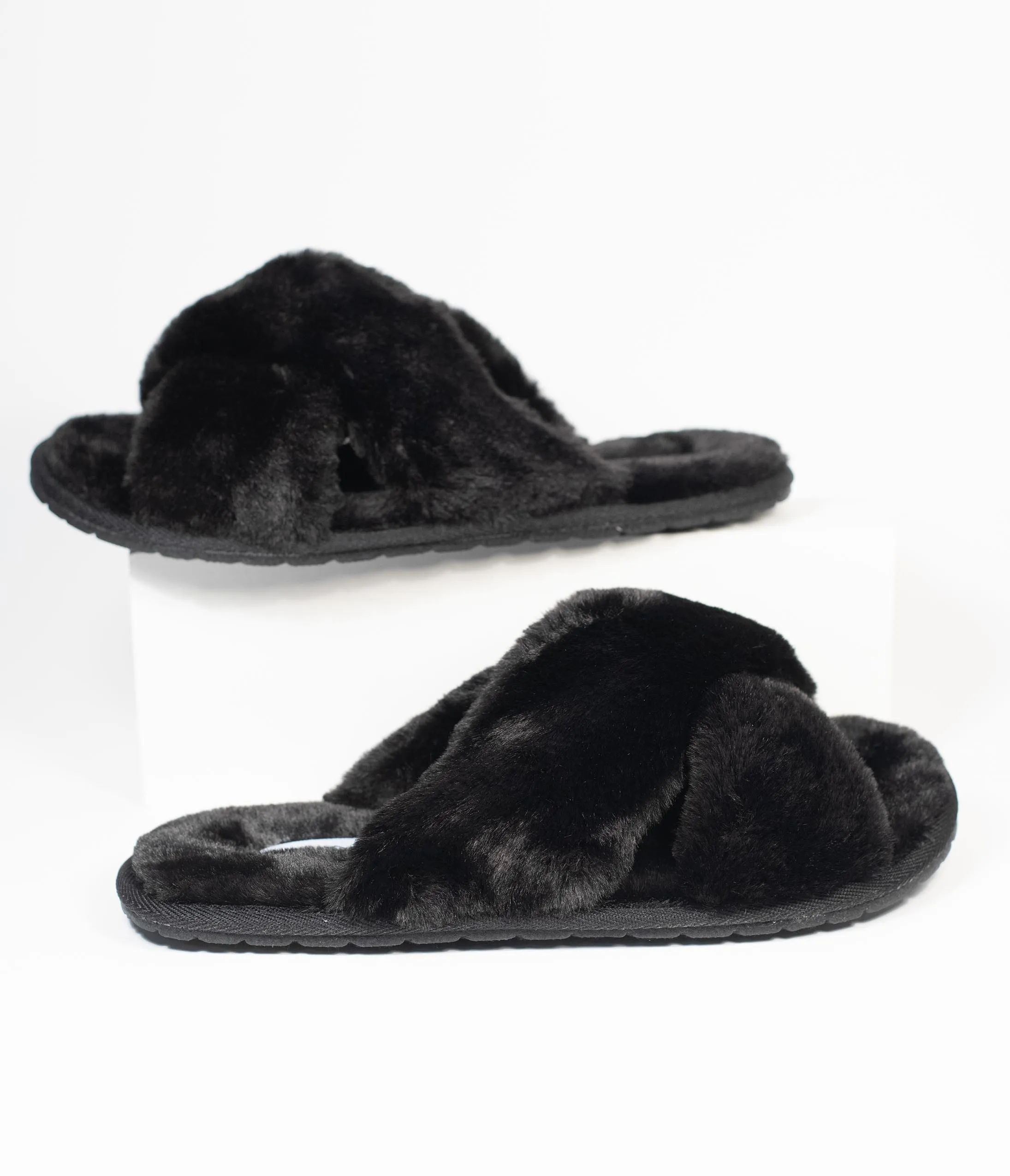 Black Fuzzy Cross Strap Slippers