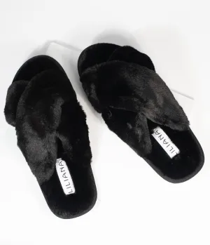 Black Fuzzy Cross Strap Slippers