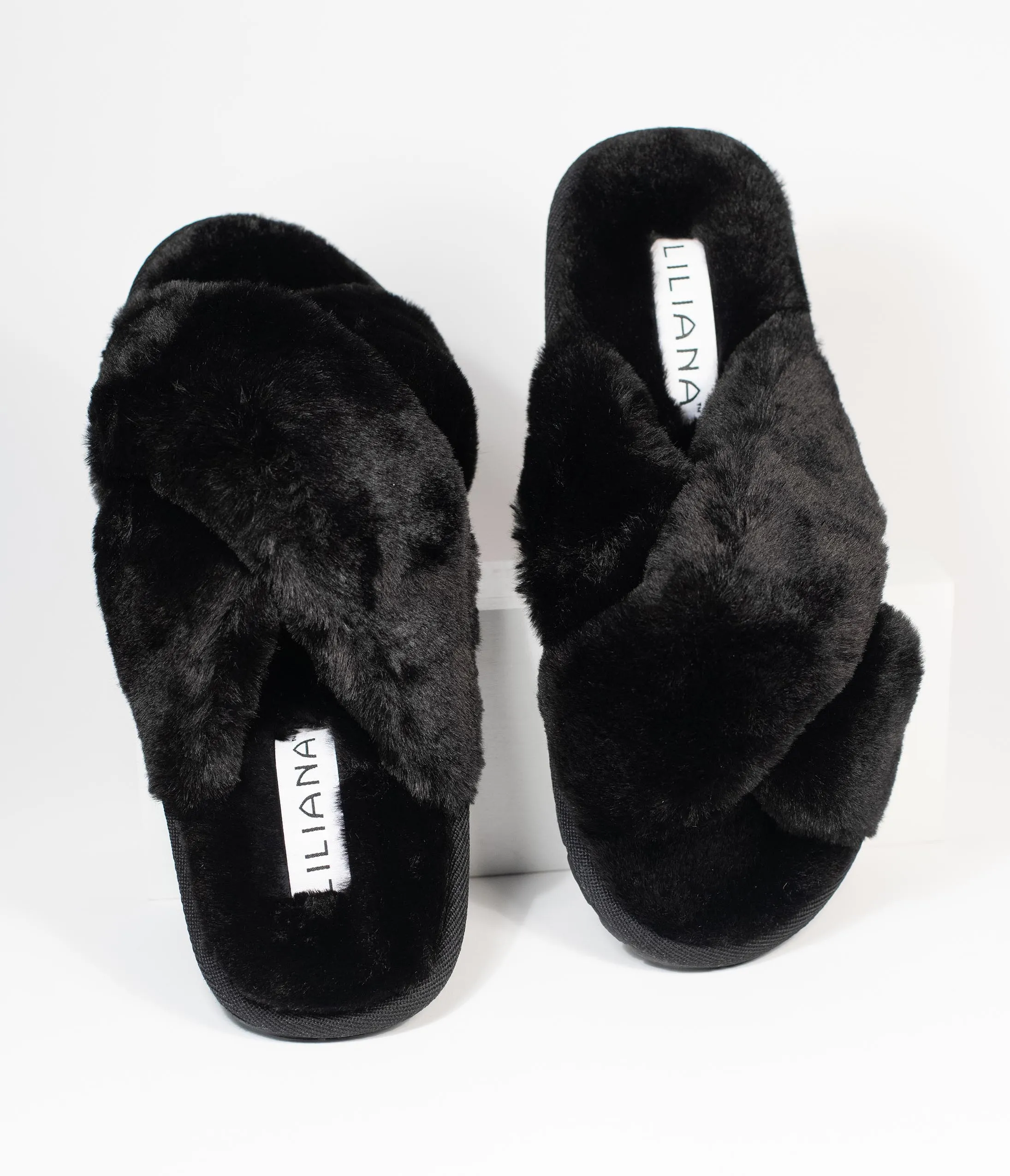 Black Fuzzy Cross Strap Slippers