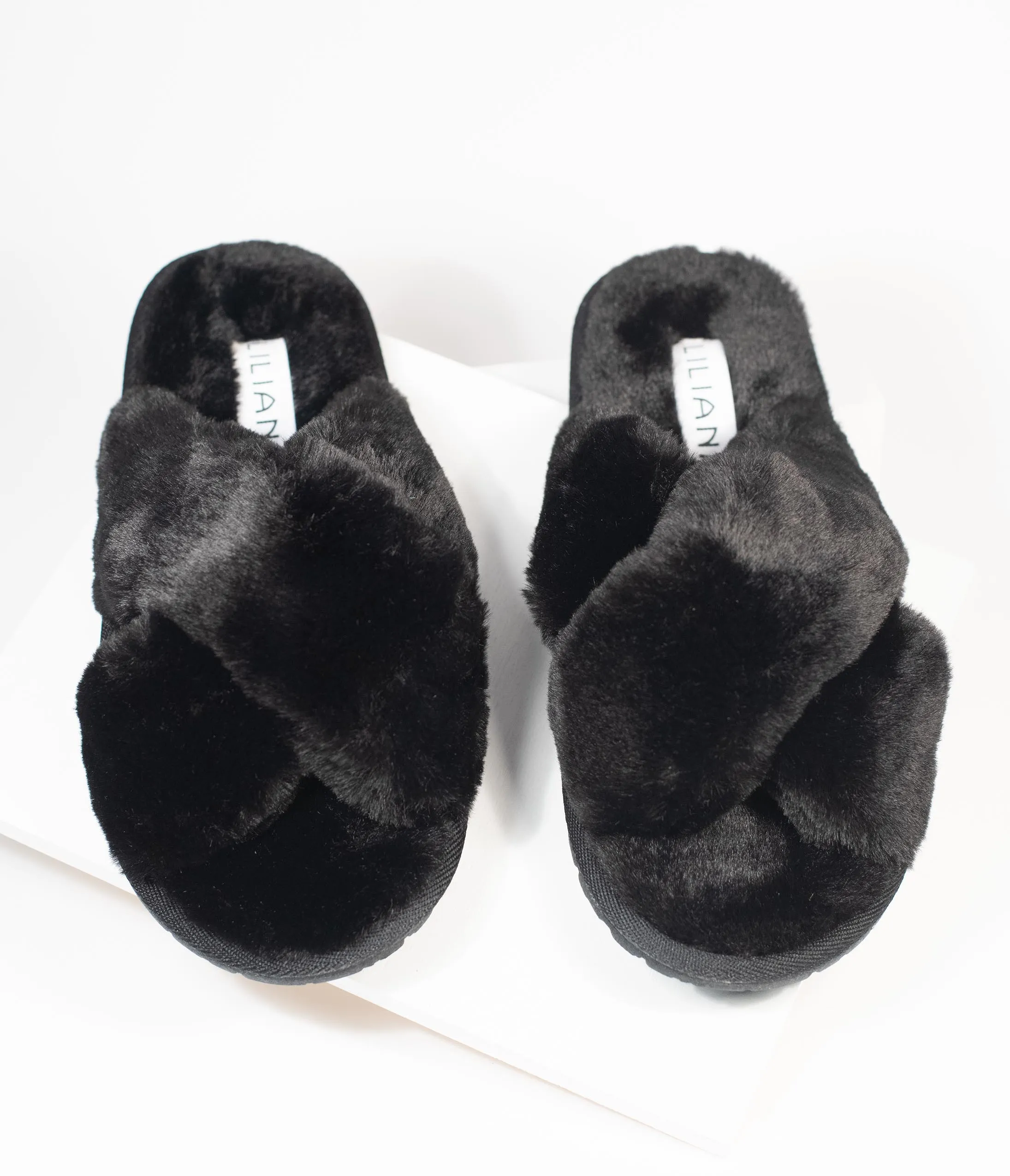 Black Fuzzy Cross Strap Slippers