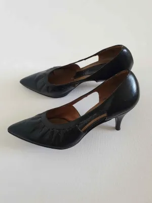 Black Leather Shoes With Cut Out Sides by Gold Cross - 1960s - Size 5.5C