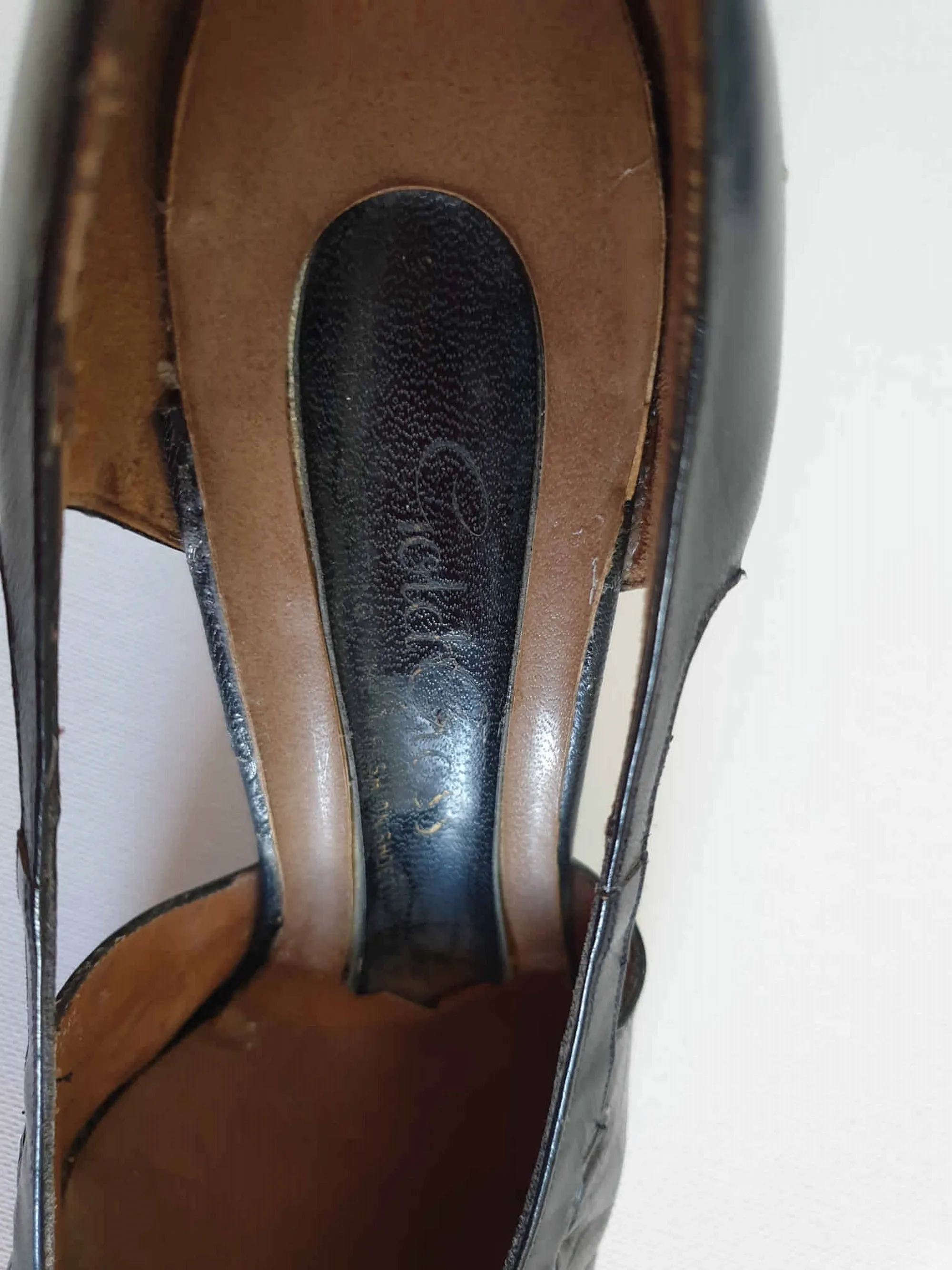 Black Leather Shoes With Cut Out Sides by Gold Cross - 1960s - Size 5.5C