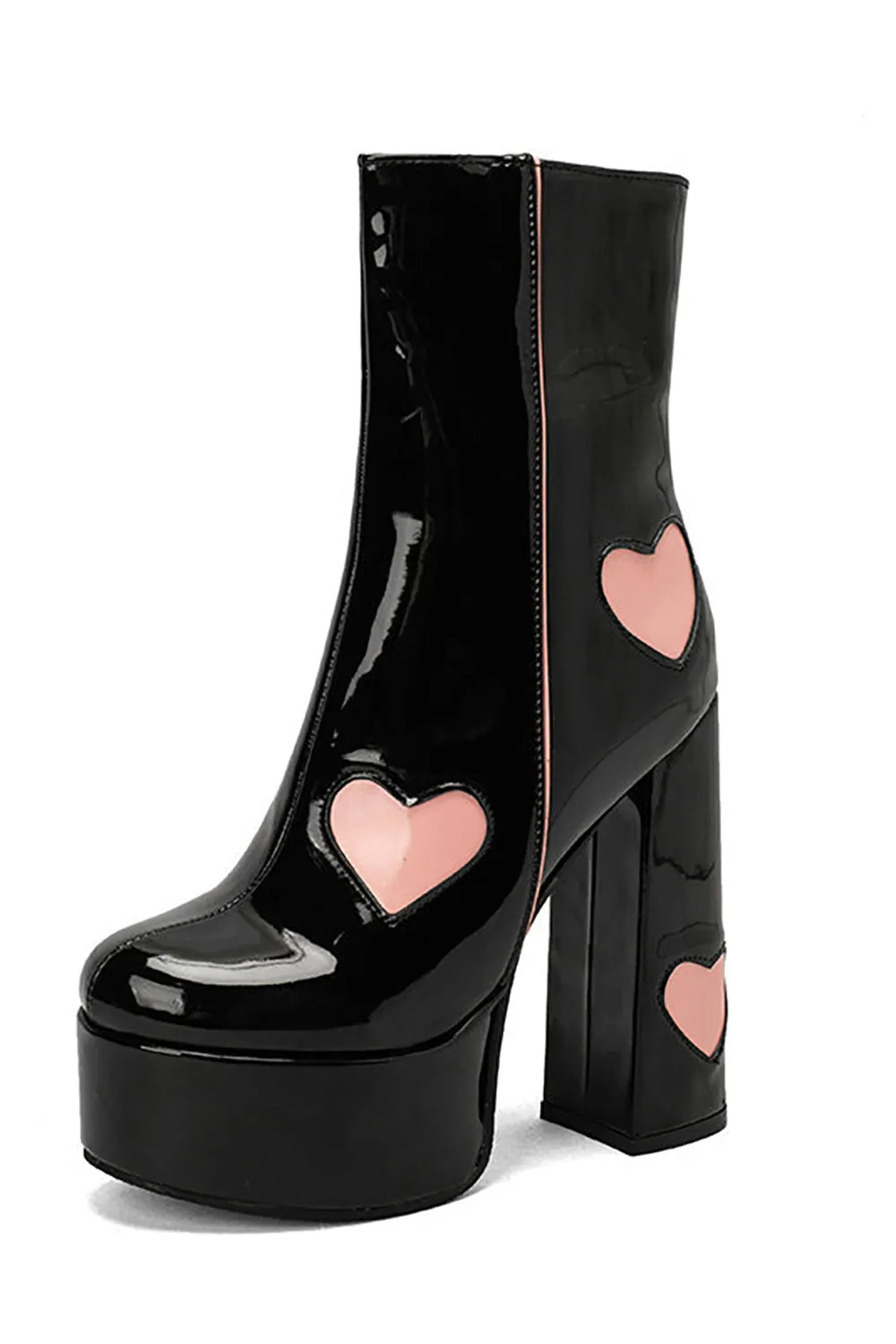 Black PU Leather Platform Chunky Block High Heel Boots with Pink Hearts