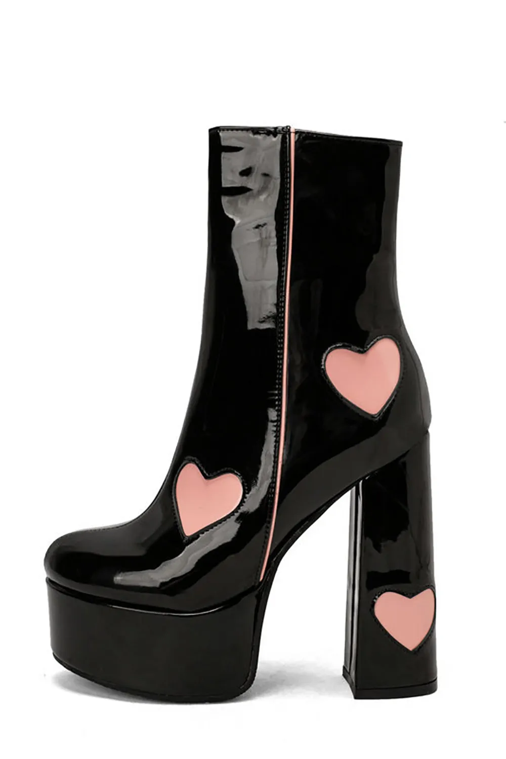 Black PU Leather Platform Chunky Block High Heel Boots with Pink Hearts