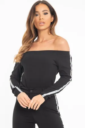 Black Reflective Stripe Side Bardot Crop Top - Reece