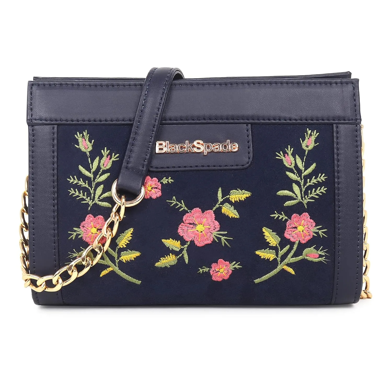 Black Spade Blue Embroidered Floral Mini Shoulder Bag Gold Chain Handle Party Sling Bag with Detachable Adjustable Strap, Zipper Closure