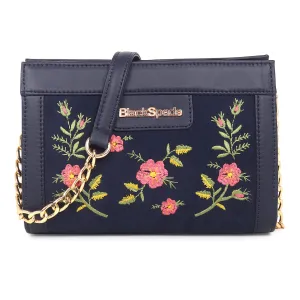 Black Spade Blue Embroidered Floral Mini Shoulder Bag Gold Chain Handle Party Sling Bag with Detachable Adjustable Strap, Zipper Closure