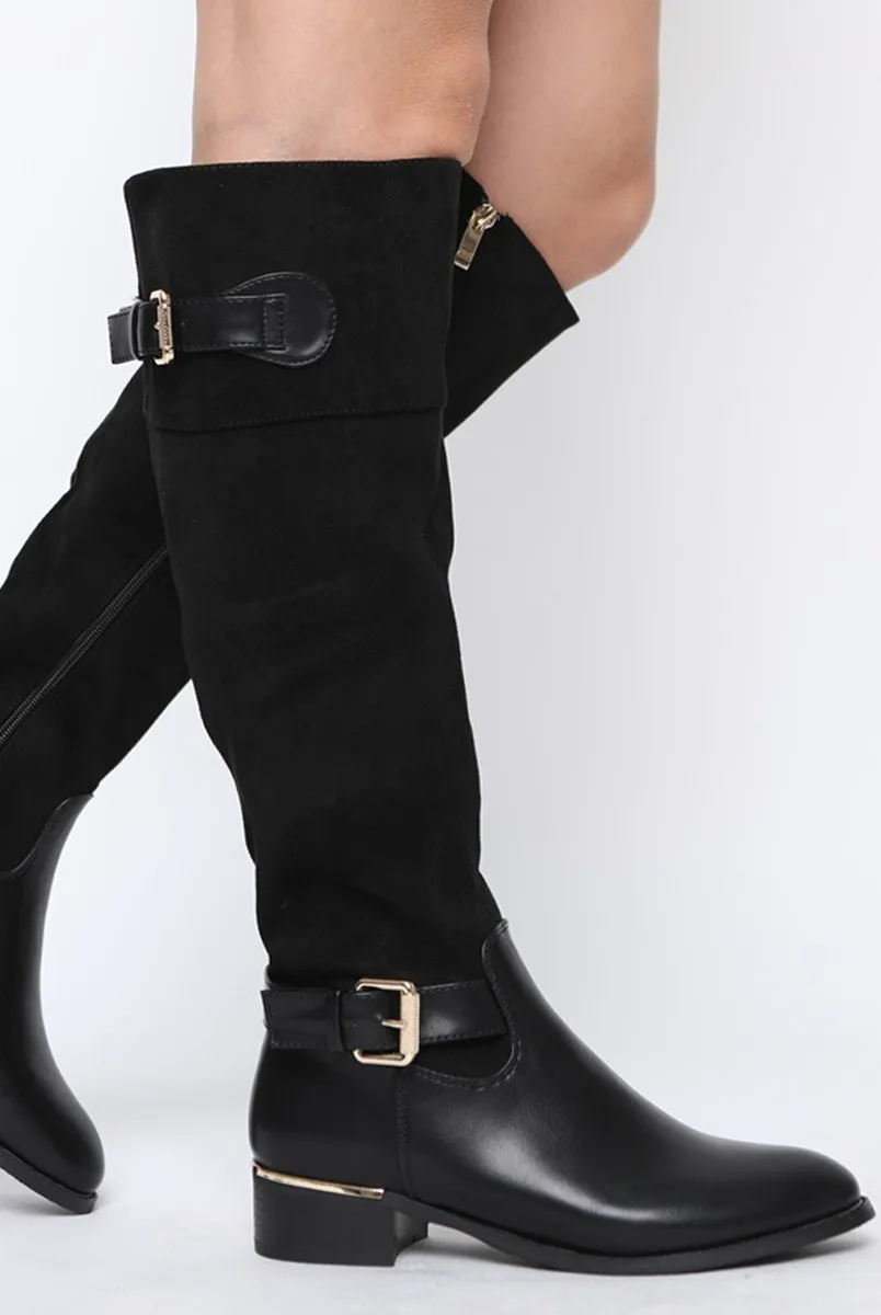 Black Suede Buckle Gold Detail Long Boots - Dori