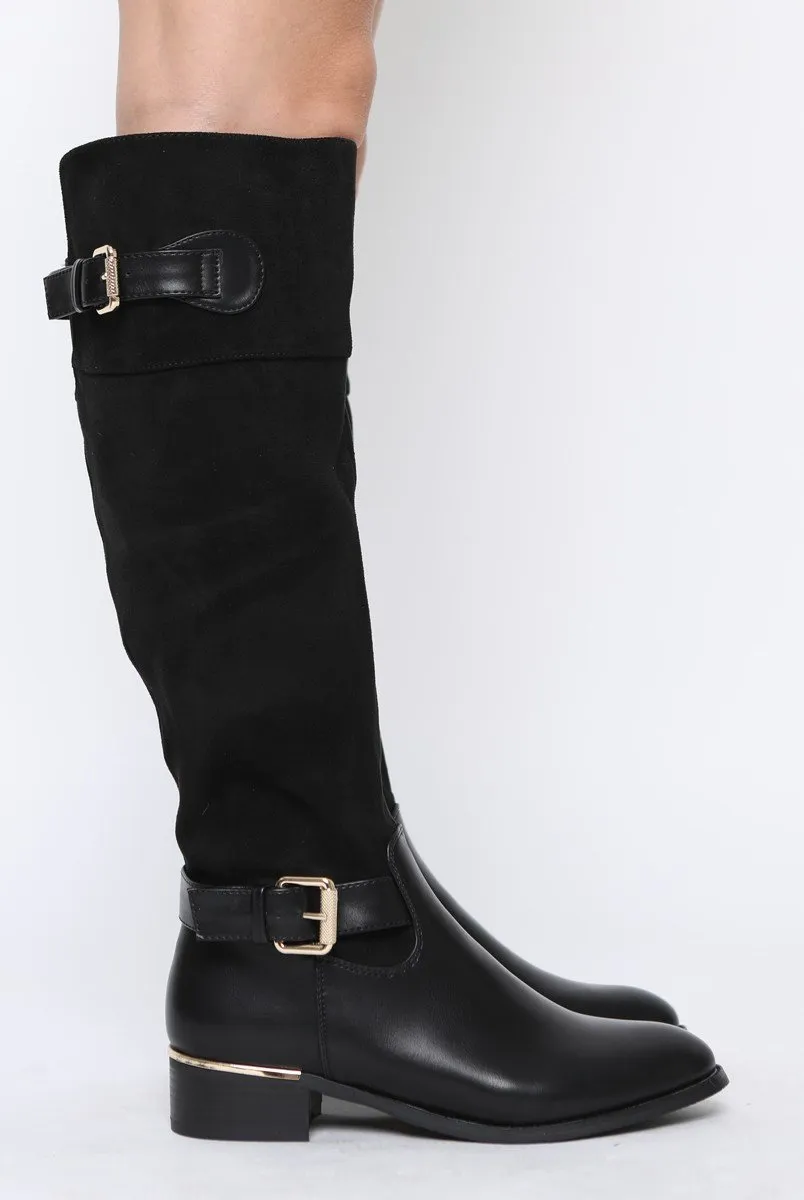 Black Suede Buckle Gold Detail Long Boots - Dori