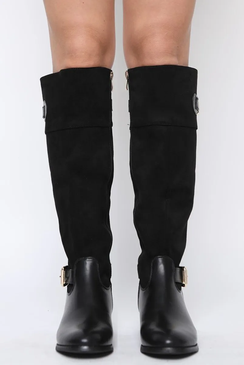 Black Suede Buckle Gold Detail Long Boots - Dori