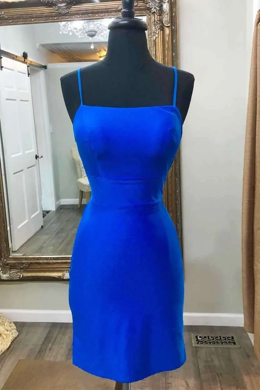 Blue Sexy Spaghetti Straps Satin Short Prom Dresses, Homecoming Dresses