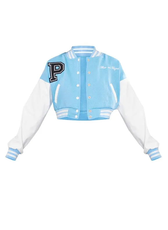 Blue Varsity Slogan Faux Leather Sleeve Bomber