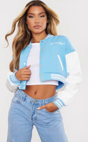 Blue Varsity Slogan Faux Leather Sleeve Bomber