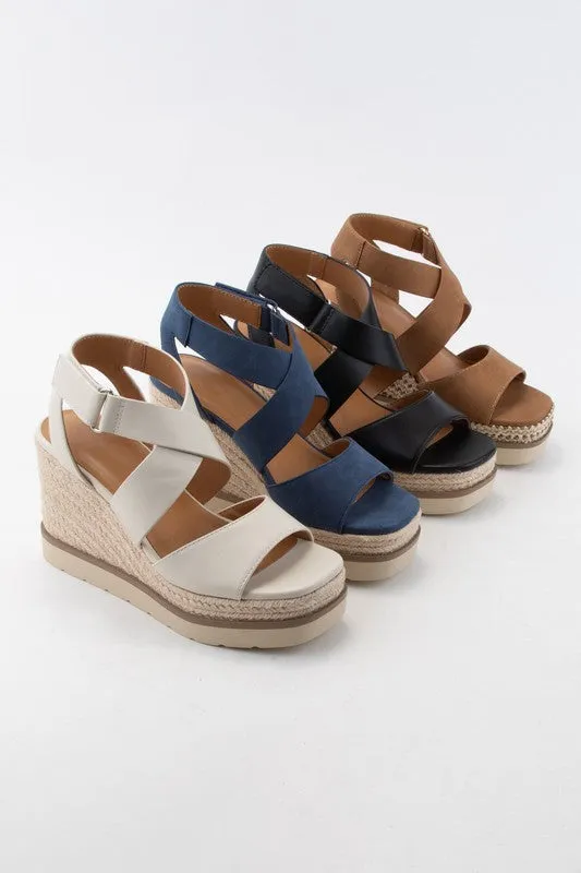 Bone Pu Churro Velcro Closure Cross Strap Wedge Heel