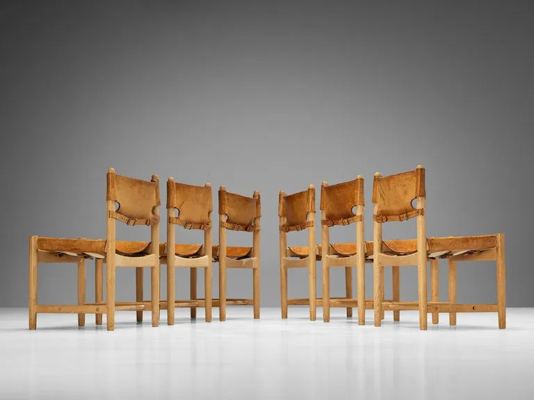 Børge Mogensen for Fredericia Set of Six Armchairs in Oak & Cognac Leather