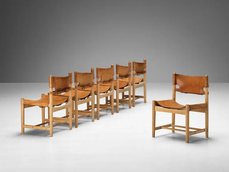 Børge Mogensen for Fredericia Set of Six Armchairs in Oak & Cognac Leather