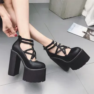 Chic Cross-Tied Chunky Heel Platform Shoes