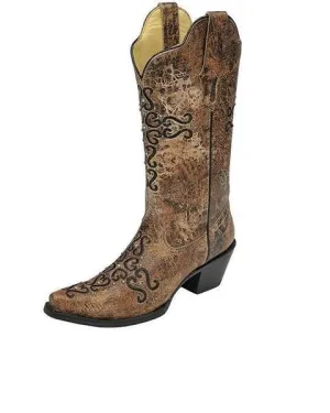 Corral Women's Distressed Crystal Embroidered Cross Snip Toe Boot - R1279