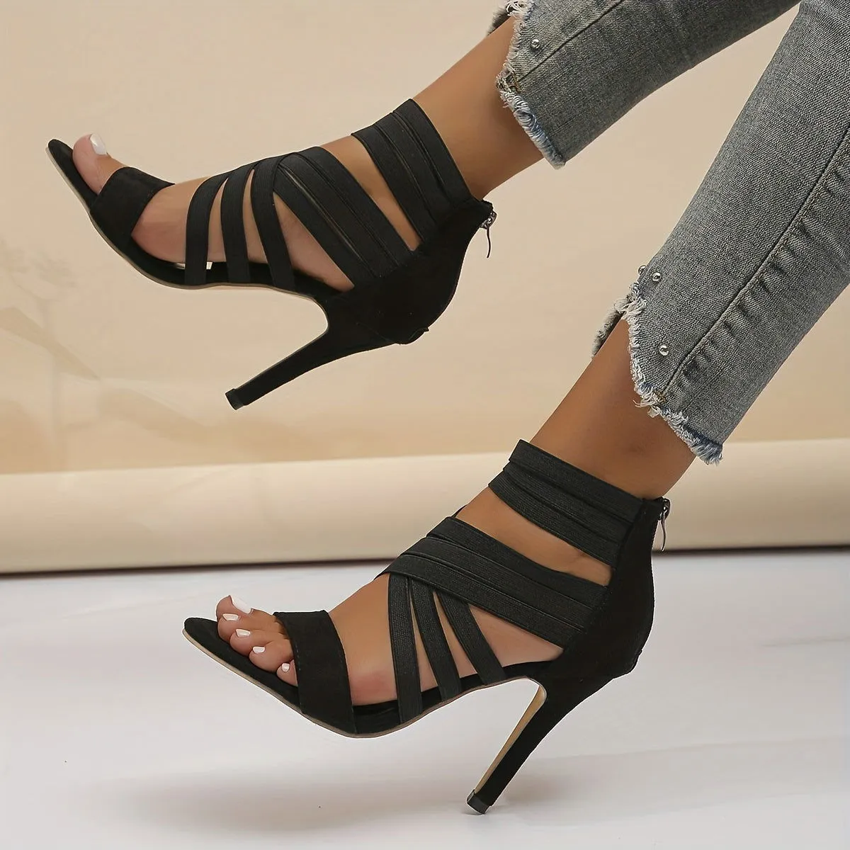 Criss Cross Straps Back Zipper High Heels Shoes