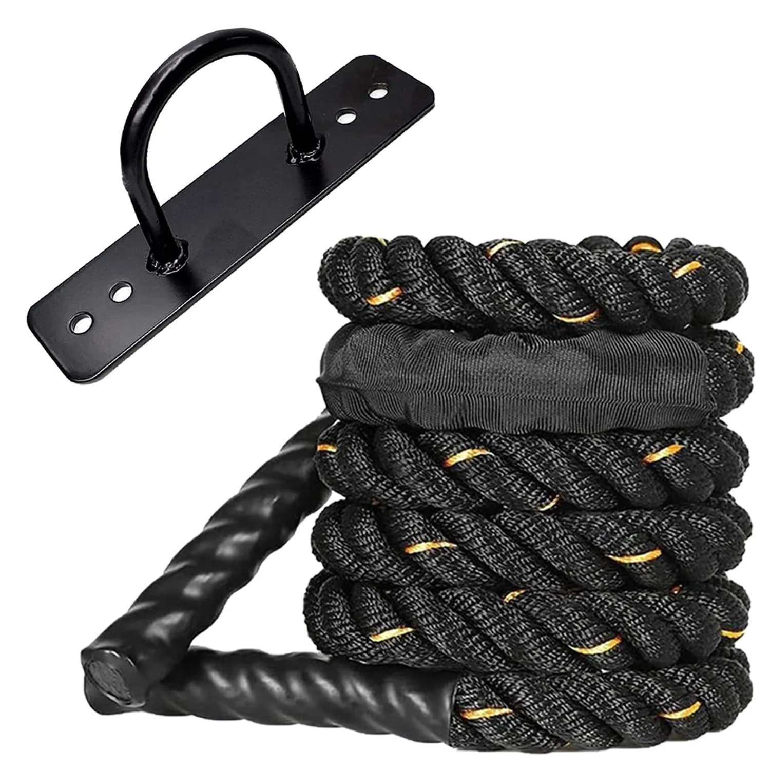 Fit Fusion Ultimate Fitness Strength Training Battle Rope with Wall Mount for Gym, Home, Heavy Battle Rope, 1.5 Inches Diameter (50 FT, Black-Yellow)