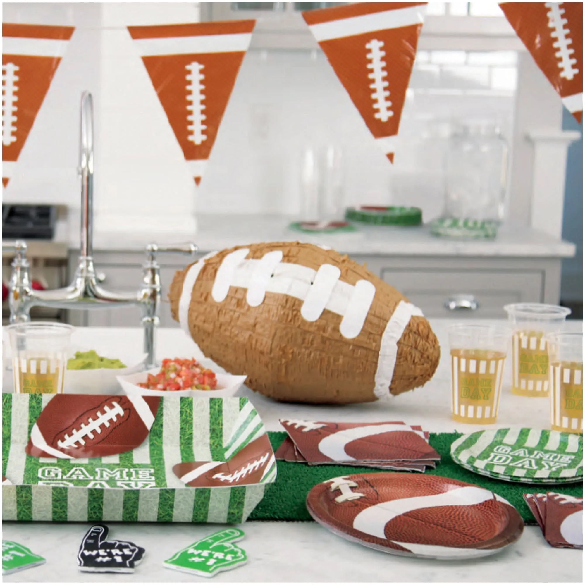 Football Party Game Ball Oval Paper Dinner Plates, Luncheon Napkins, and Beverage Cups (16 Plates, Napkins, & Cups)