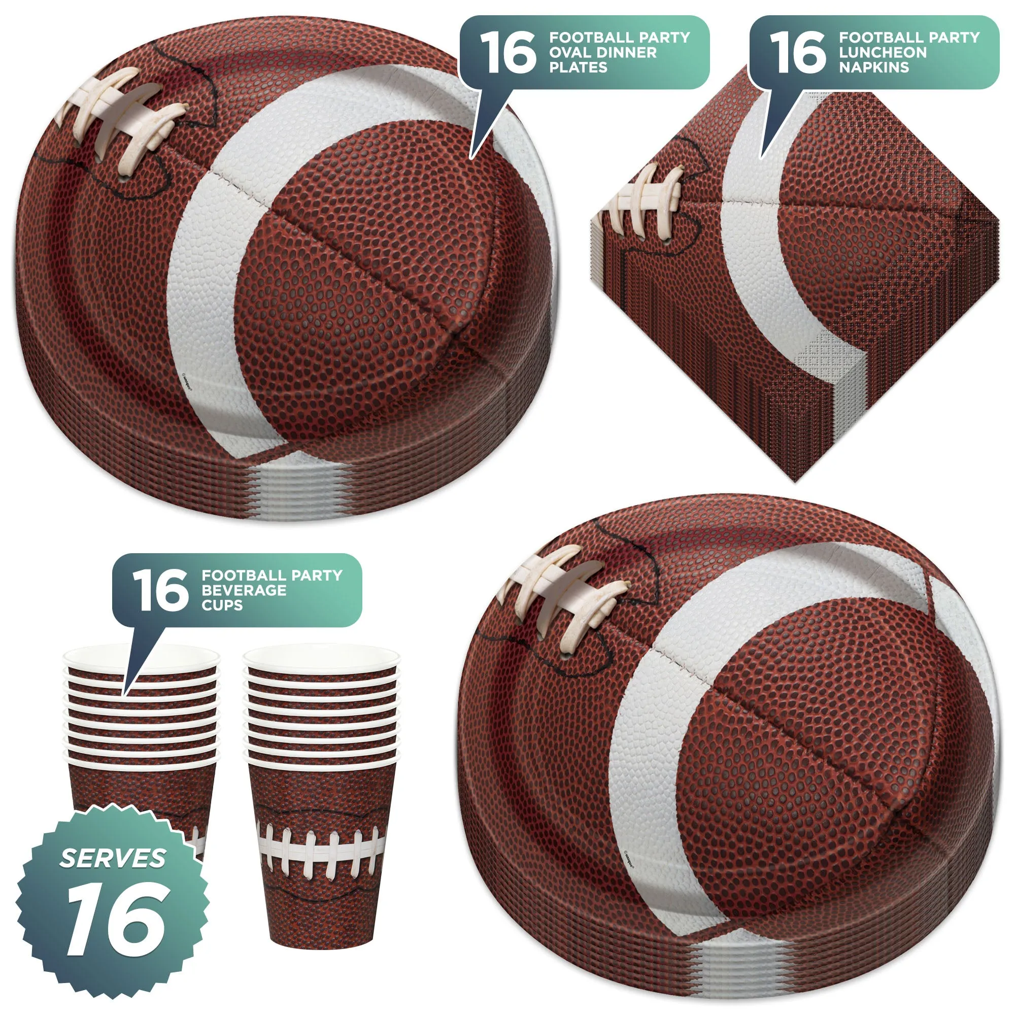 Football Party Game Ball Oval Paper Dinner Plates, Luncheon Napkins, and Beverage Cups (16 Plates, Napkins, & Cups)