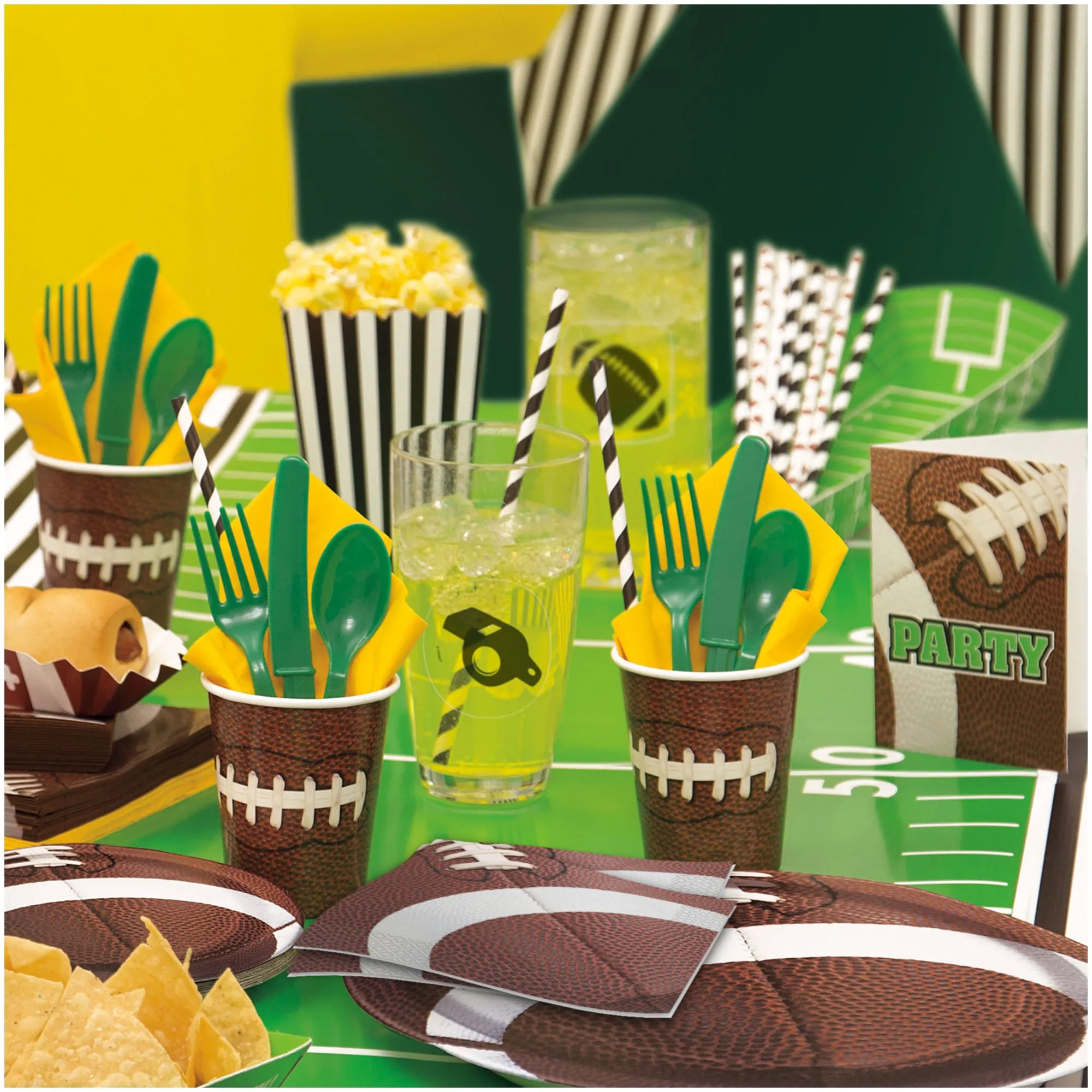 Football Party Game Ball Oval Paper Dinner Plates, Luncheon Napkins, and Beverage Cups (16 Plates, Napkins, & Cups)