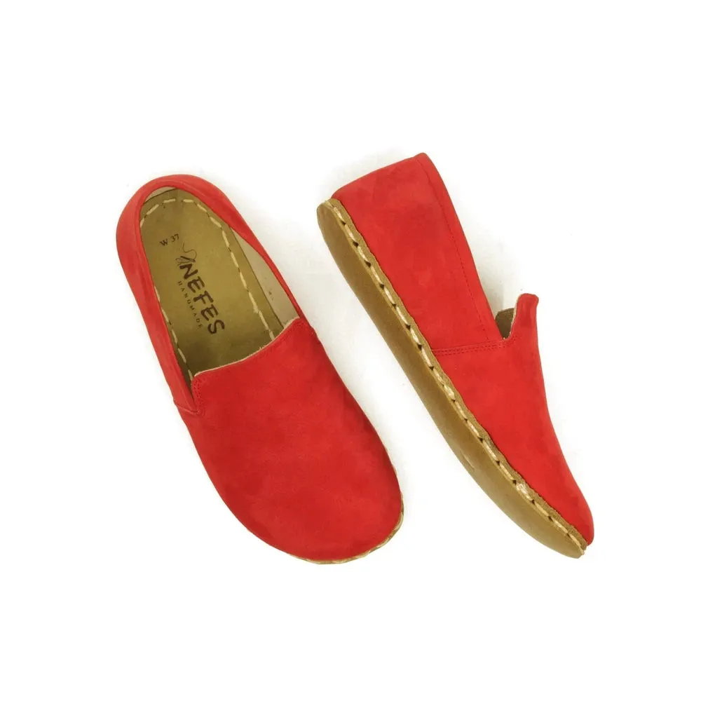 Handmade Leather Barefoot Shoes for Women - Nubuck Red