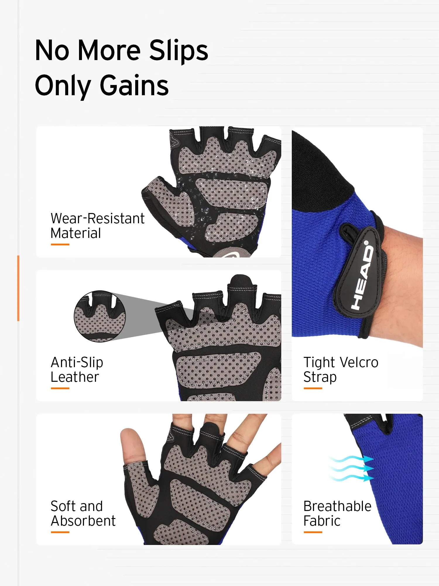 HEAD Pro Fitness Gloves for Men & Women- Gym, Pull Ups, Cross Training | Half Gloves for Gym Workout | Wrist Protection Gym Hand Gloves Anti-Slip & Breathable | Gym Accessories for Women (Black-Blue)