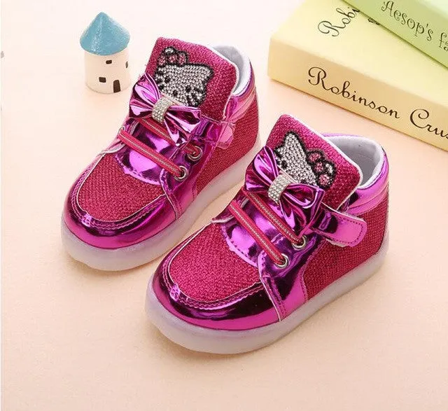 Hot New Baby Girls LED Light Shoes Toddler Anti-Slip Sports Boots Kids Sneakers Children's Cartoon Kitty Flats shoes 5 colors