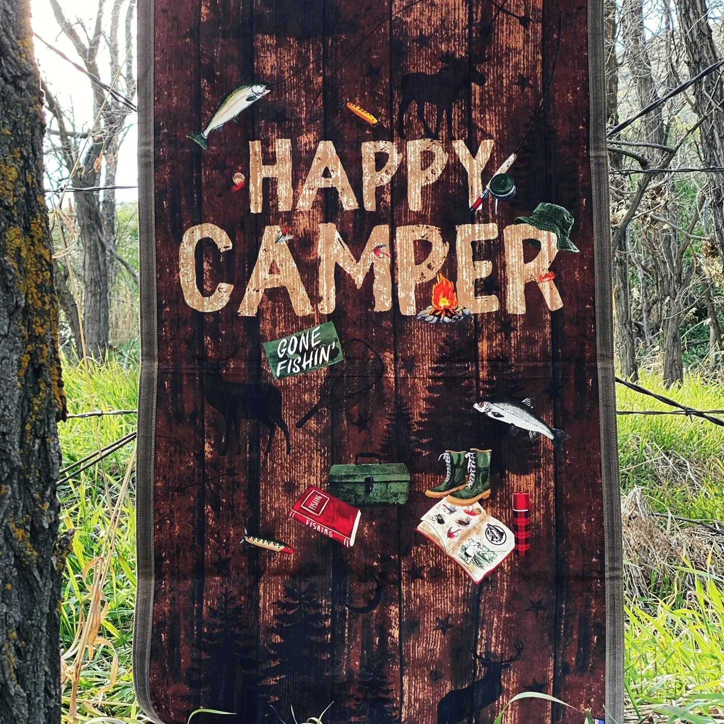 Large Waxed Canvas and Happy Camper Scene Cotton Lined Bushcraft Ground Cloth