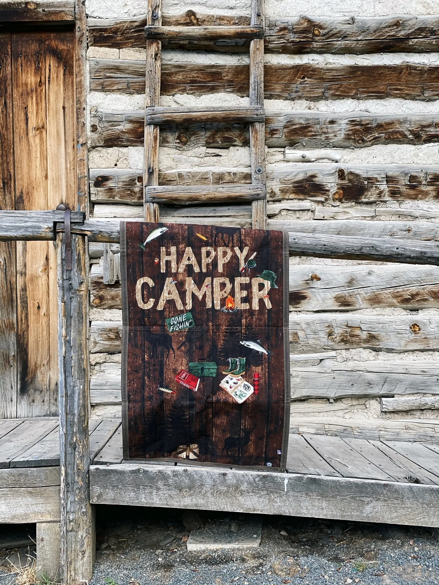 Large Waxed Canvas and Happy Camper Scene Cotton Lined Bushcraft Ground Cloth