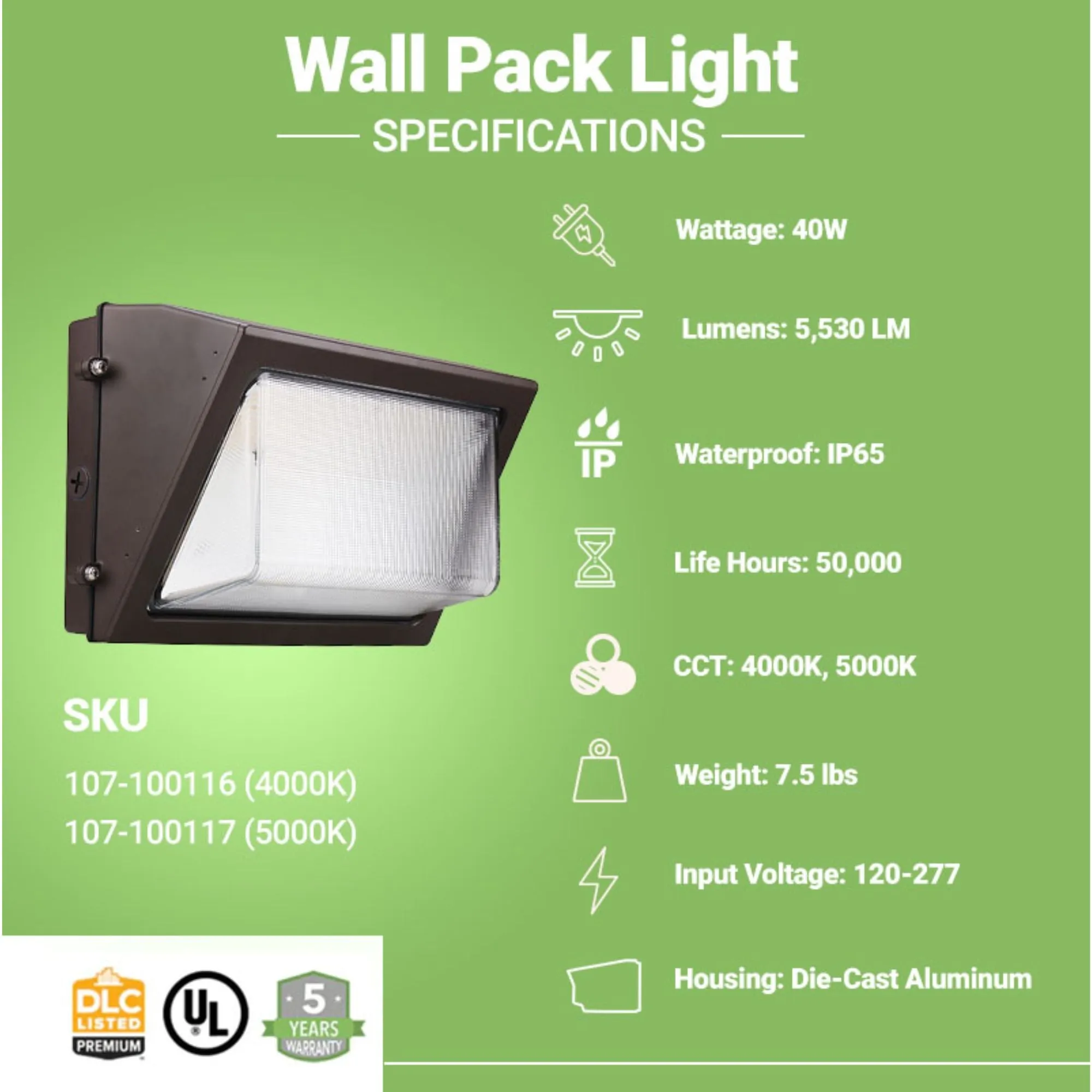 LED Wall Pack Light - 40W - 5,530 Lumens - Photocell Included - SWP5 - Glass Lens - Forward Throw - DLC 5.1 Listed