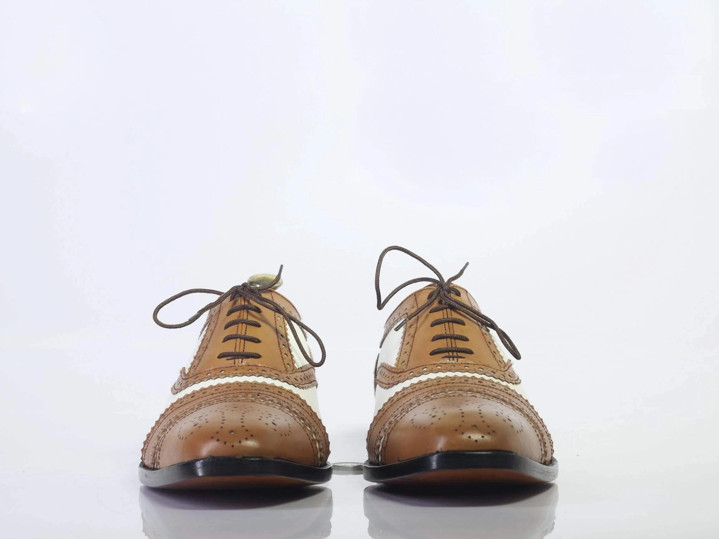 Men's Brown White Cap Toe Lace Up Leather Shoe