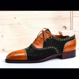 Men's Tan Black Lace Up Leather Suede Stylish Shoes Men Dress Formal Cap Toe Brogue Shoes