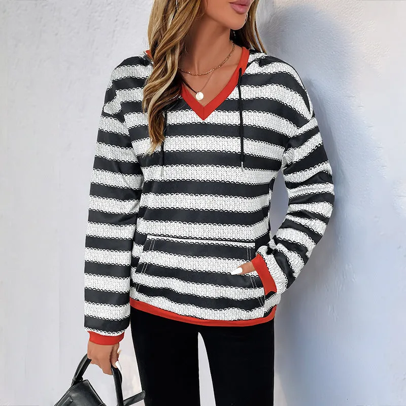 METAVERSMALL 2025 women's clothing black and white striped sweater autumn new pullover hooded casual versatile sweater women