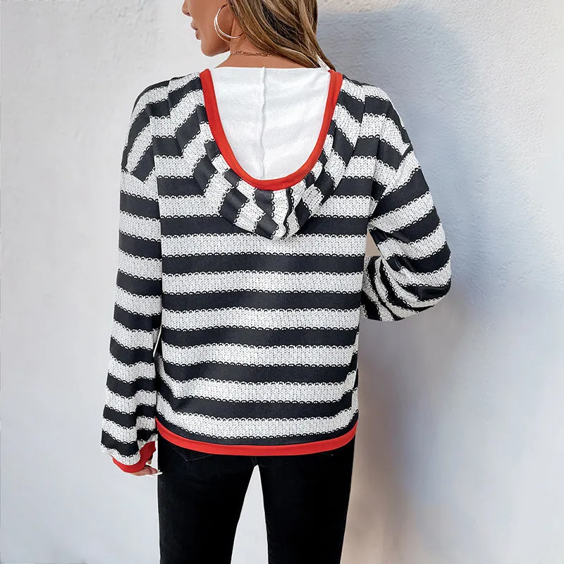 METAVERSMALL 2025 women's clothing black and white striped sweater autumn new pullover hooded casual versatile sweater women