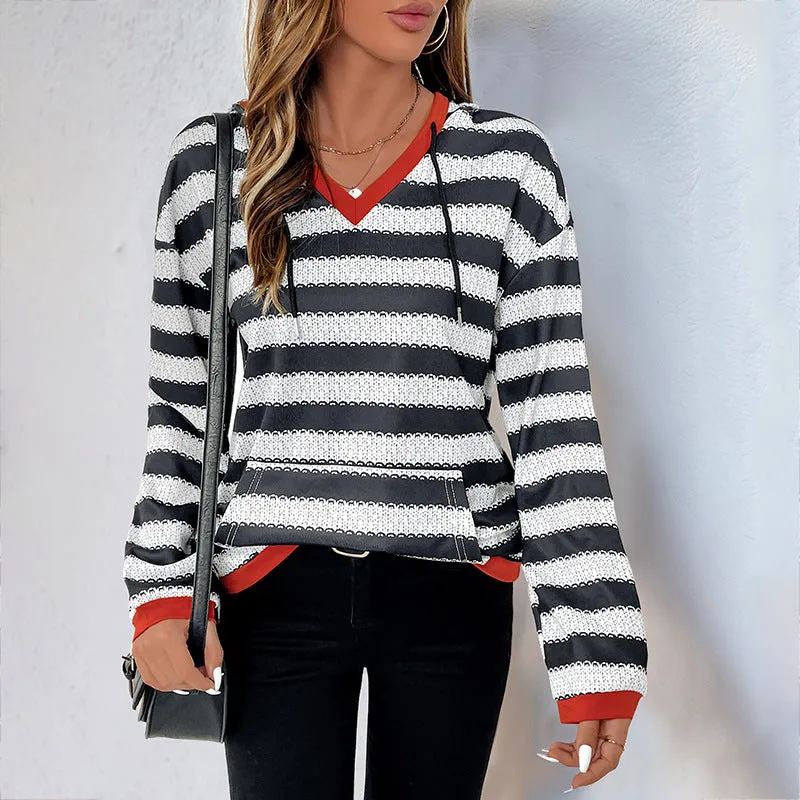 METAVERSMALL 2025 women's clothing black and white striped sweater autumn new pullover hooded casual versatile sweater women