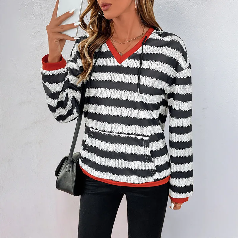 METAVERSMALL 2025 women's clothing black and white striped sweater autumn new pullover hooded casual versatile sweater women