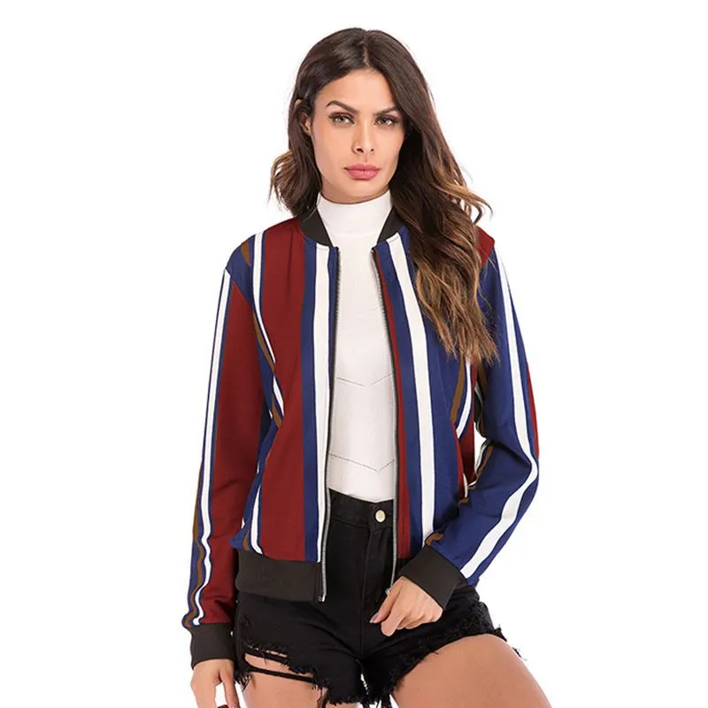 METAVERSMALL loose jacket women's new European, American autumn and winter large size color matching vertical striped baseball jacket zipper cardigan